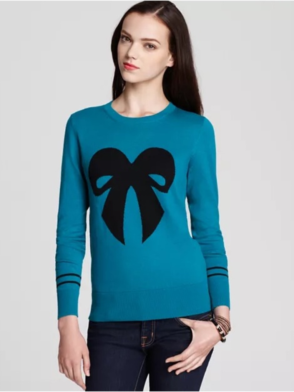 French Connection Teal Crewneck Sweater with Black Bow